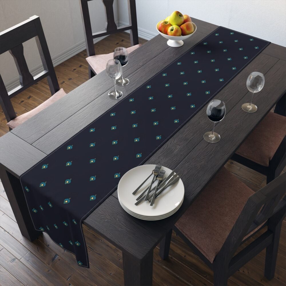 Art Deco Dark Blue Peacock Feather Print on Black Table Runners