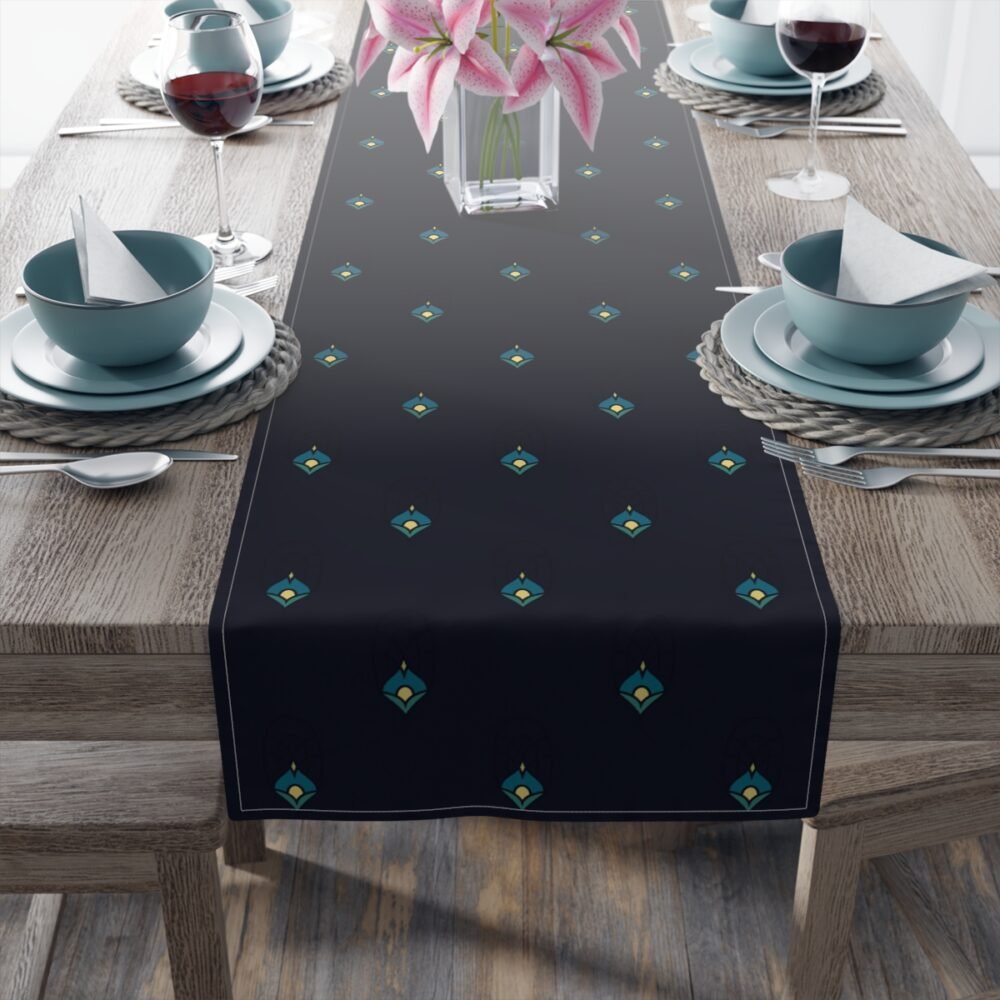 Art Deco Dark Blue Peacock Feather Print on Black Table Runners - Image 4