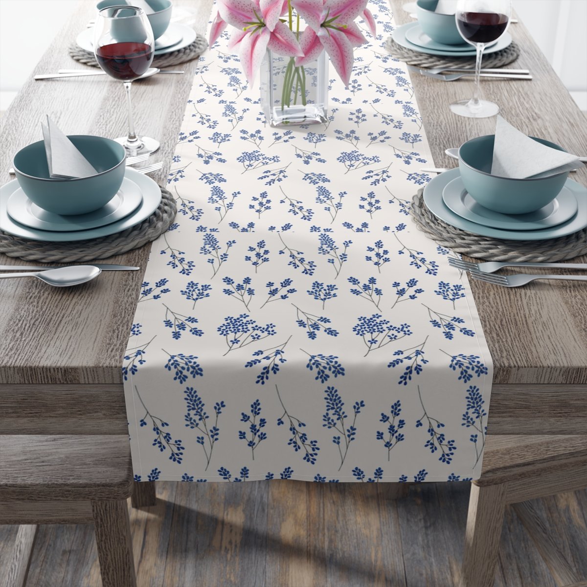 Classic Blue Floral Table Runners for Square Table - Image 4