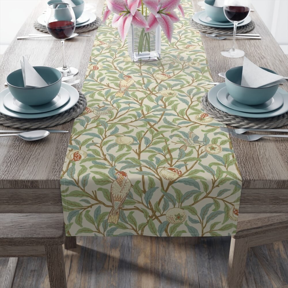 William Morris Style Light Beige Table Runners with Green Foliage n Birds - Image 5
