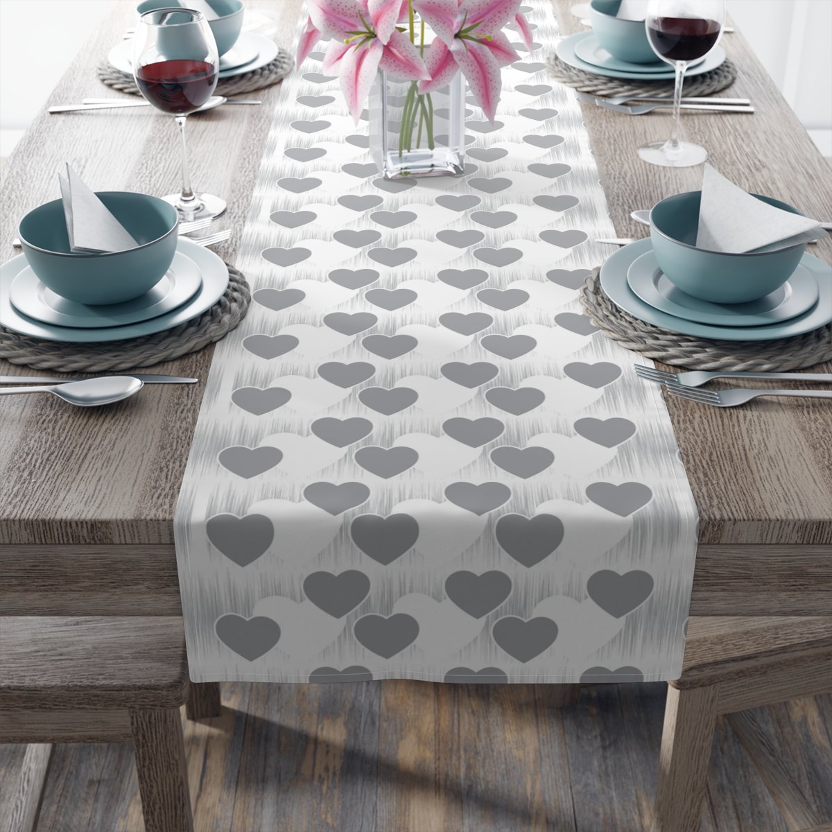 Beautiful Grey Love Heart Print on White Table Runners - Image 5