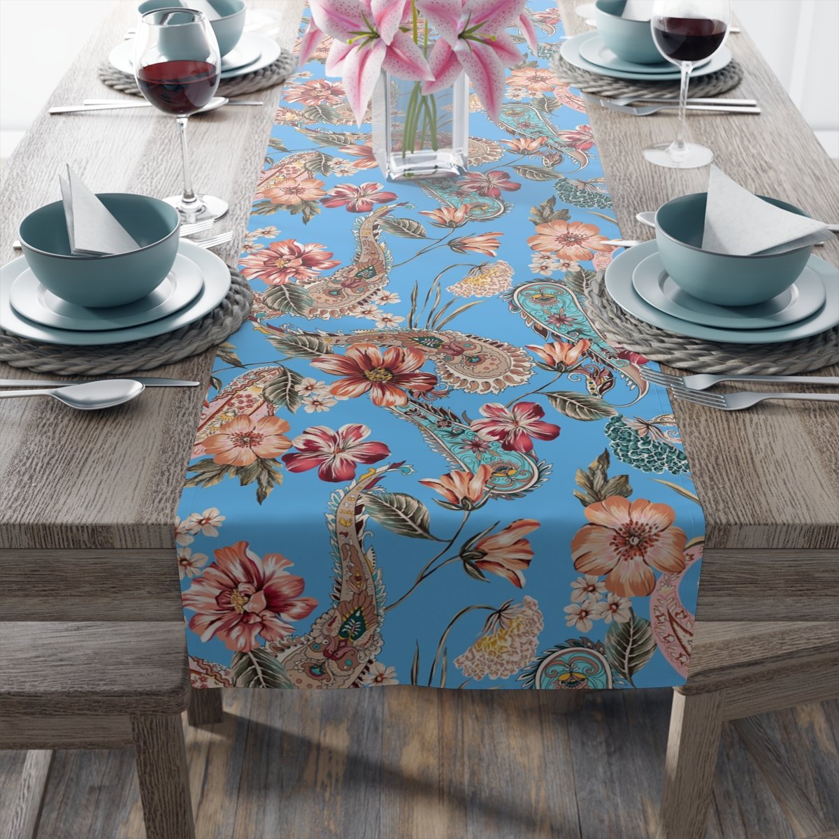 Ethnic Sky Blue Paisley Floral Dining Table Runners - Image 20