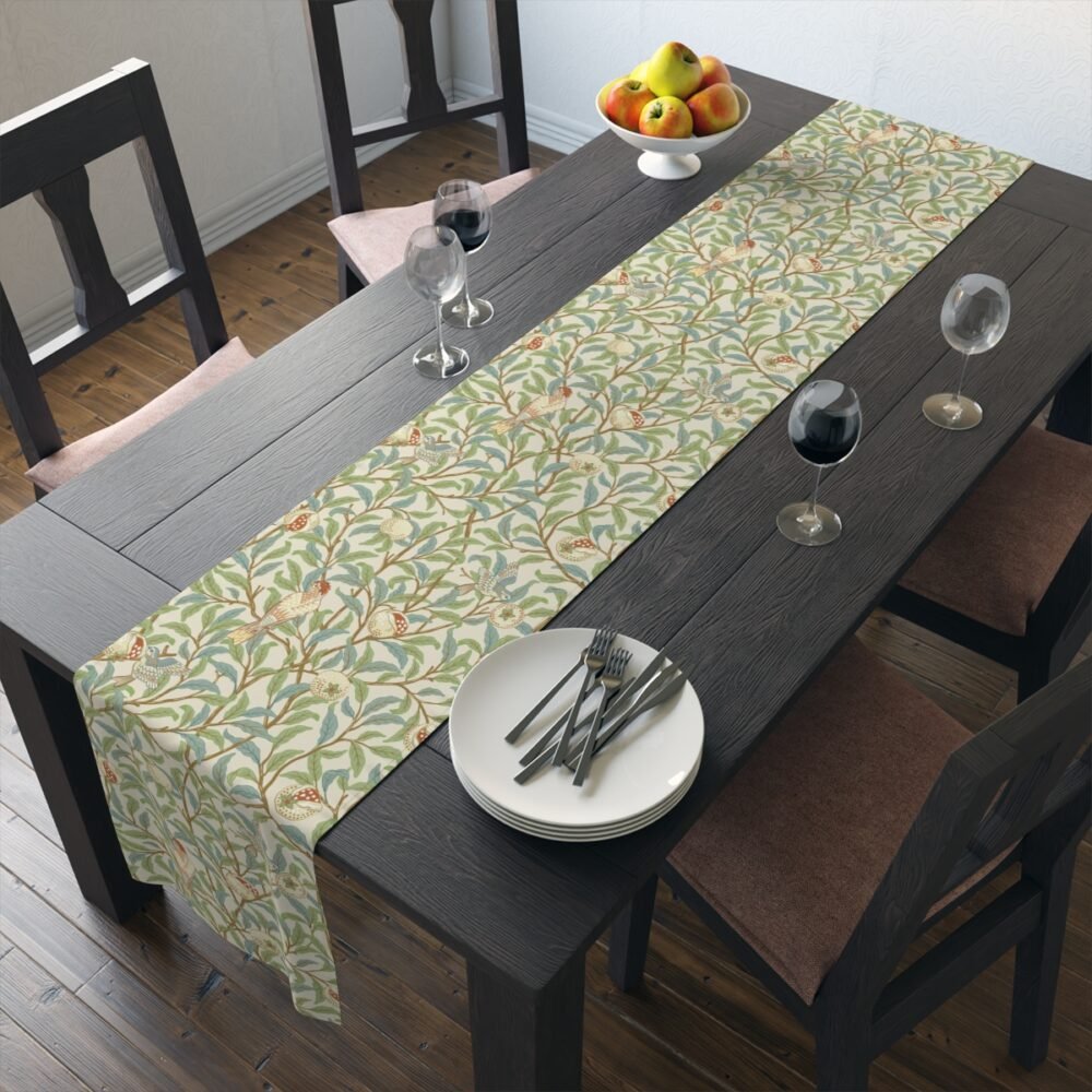 William Morris Style Light Beige Table Runners with Green Foliage n Birds - Image 19