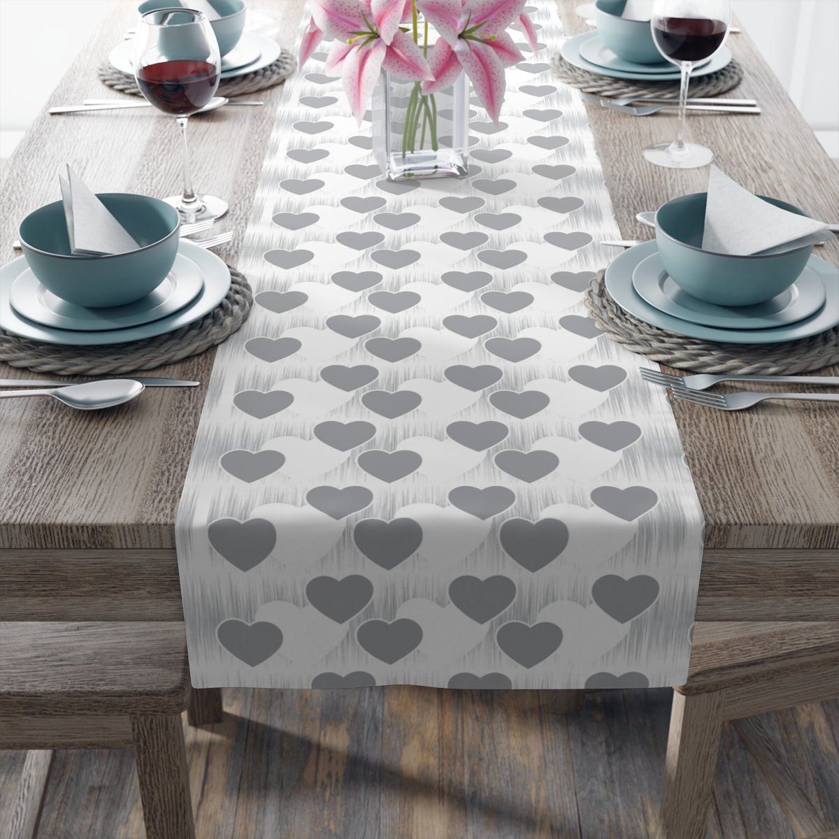 Beautiful Grey Love Heart Print on White Table Runners - Image 20