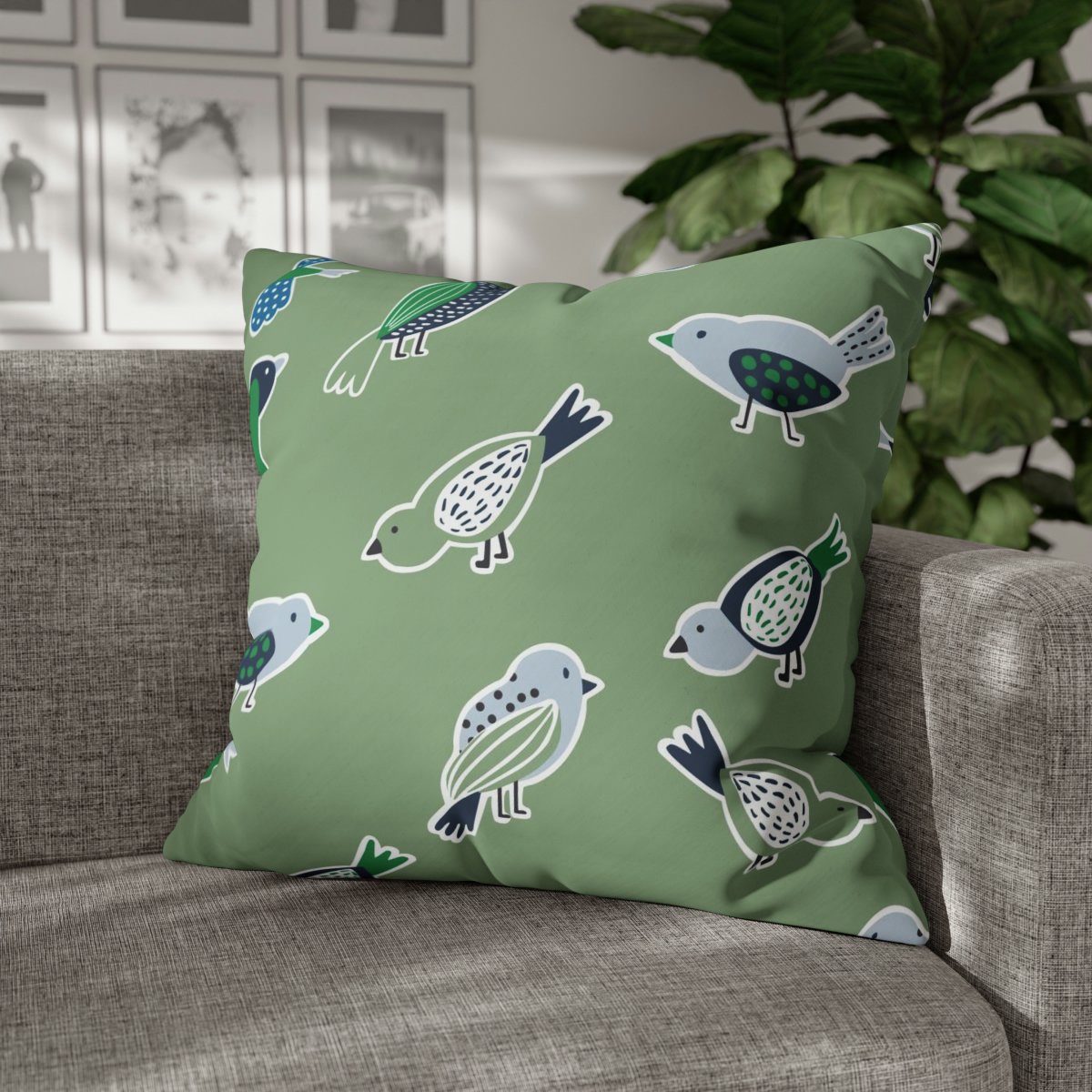 Trendy Sage Green Birds Euro Pillow Covers - Image 4