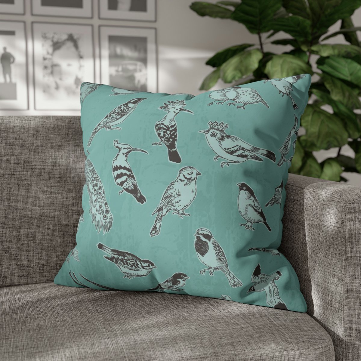 Hand Drawn Birds on Green Euro Pillow Shams - Image 4