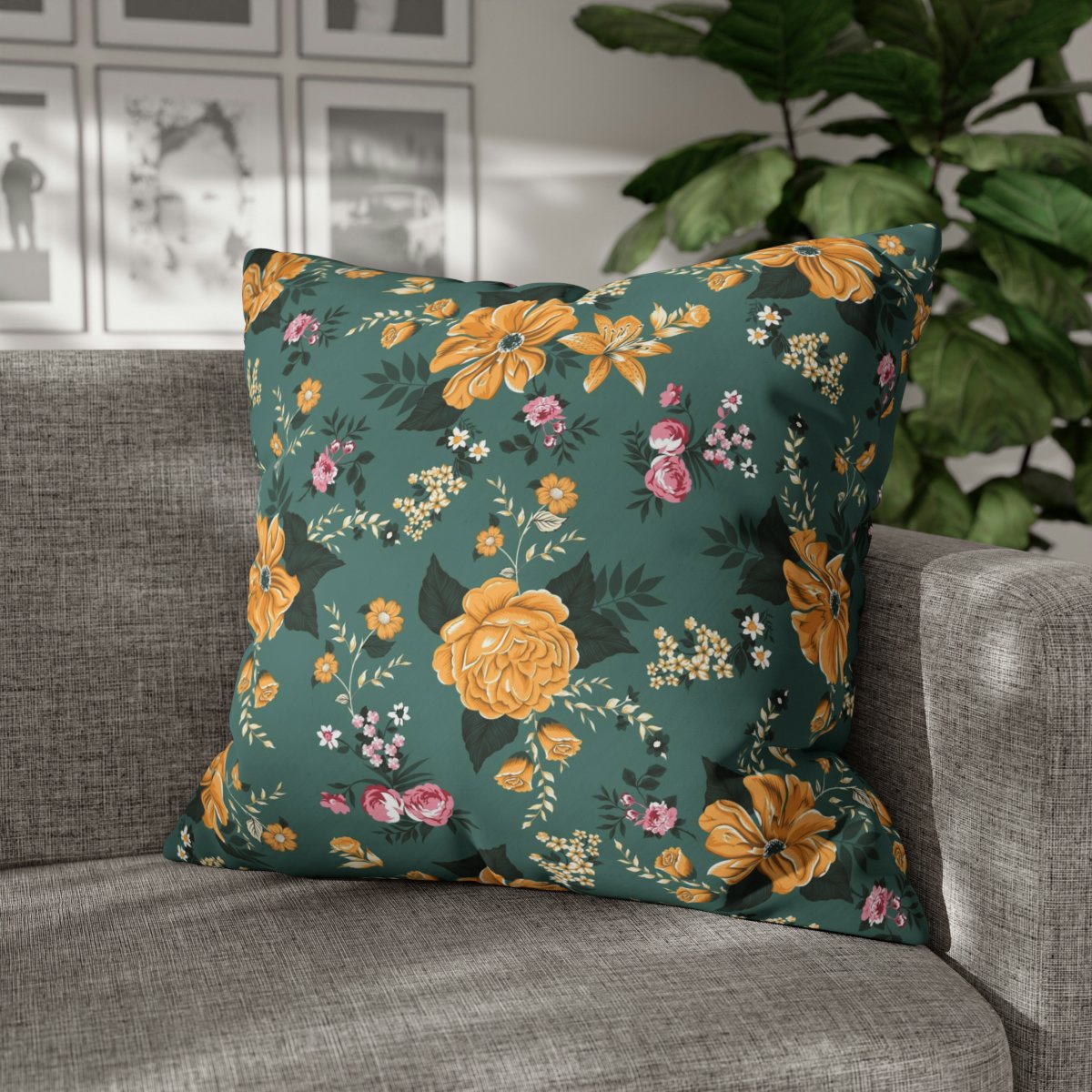 Orange Flower Print on Sage Green Euro Shams - Image 4