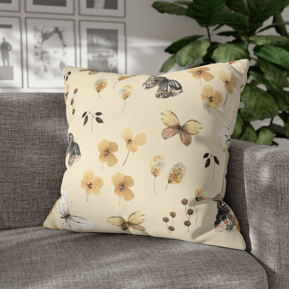 Flower n Butterfly Print on Beige Euro Shams - Image 4