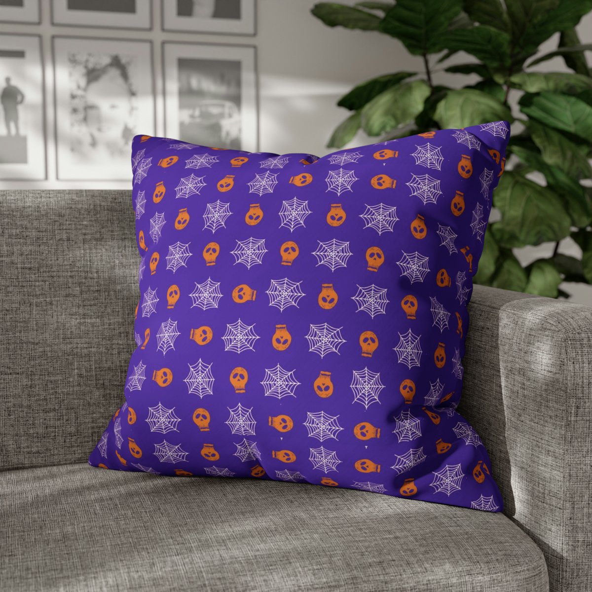 Halloween Skull n Spider Web on Blue Euro Shams - Image 4