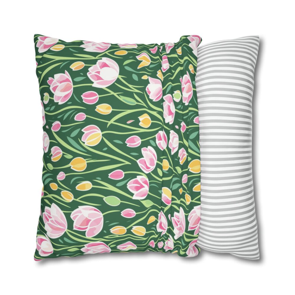 Green Pink Tulips Spring Euro Pillow Shams - Image 2