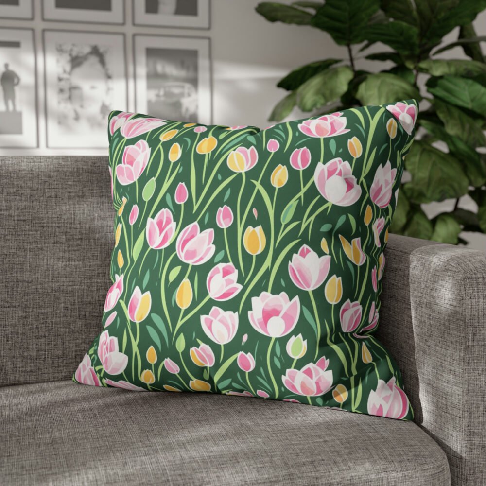 Green Pink Tulips Spring Euro Pillow Shams - Image 4