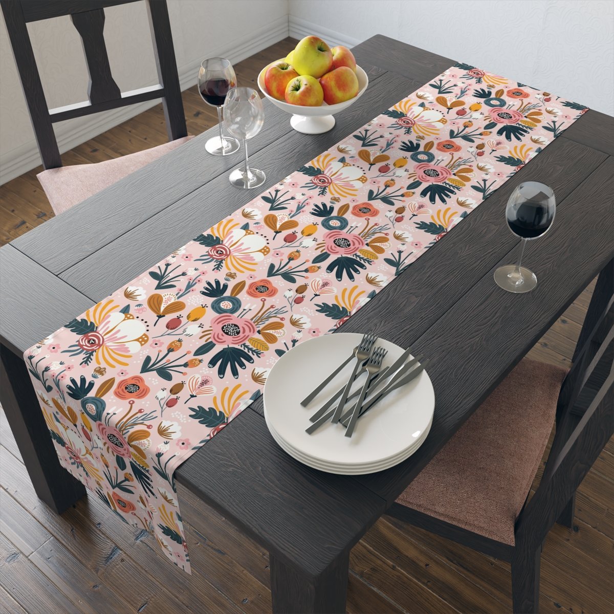 Hand Drawn Light Pink Floral Table Runners for Dining Table - Image 9