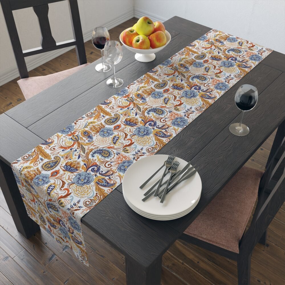Fancy Gold Blue Paisley Table Runners for Glass Table - Image 9