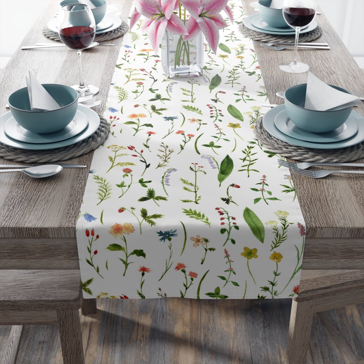 Green Herbs n Flowers Print on White Table Runners - Image 10