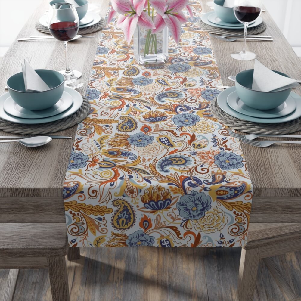 Fancy Gold Blue Paisley Table Runners for Glass Table - Image 15