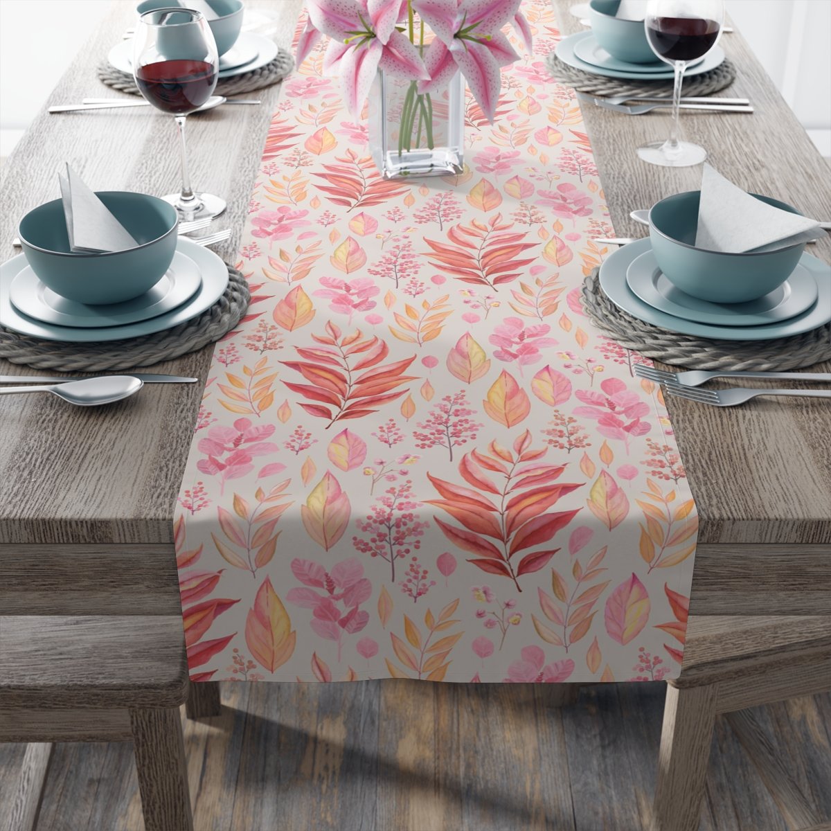 Red Pink Leaf Printed Cotton Table Runners - Image 15