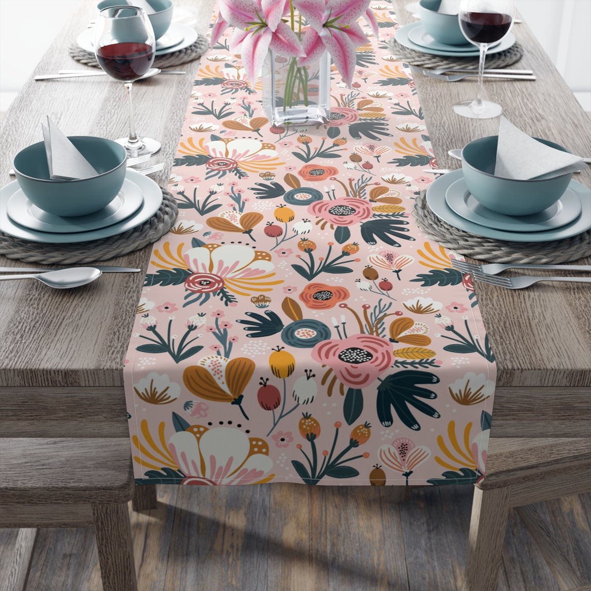 Hand Drawn Light Pink Floral Table Runners for Dining Table - Image 5