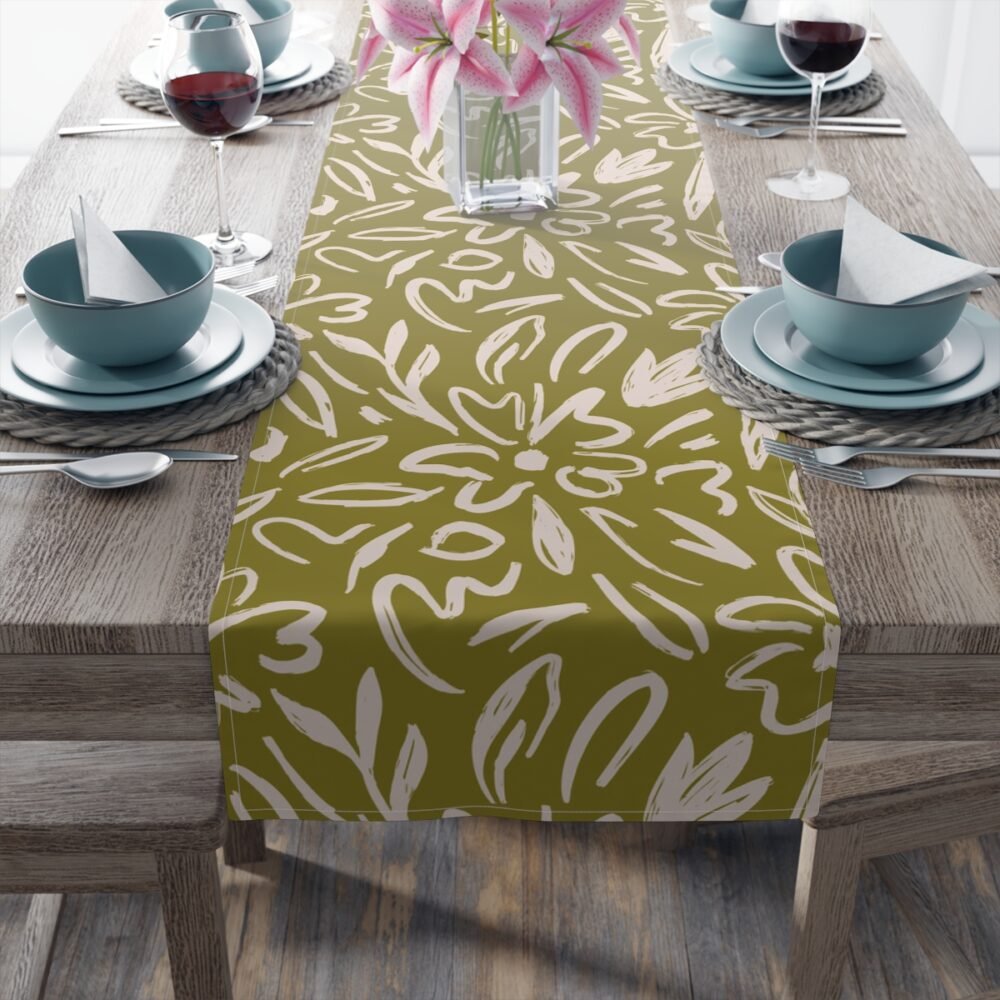 Mustard Green Geometric Leaf Print Table Runners - Image 4