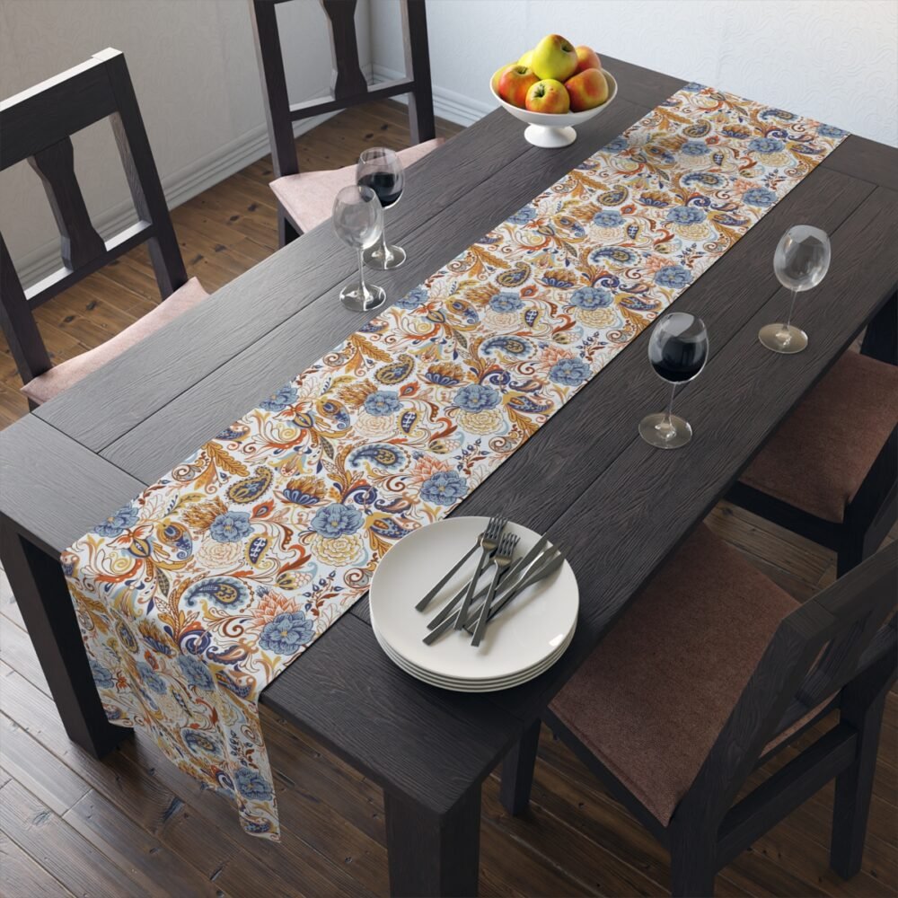 Fancy Gold Blue Paisley Table Runners for Glass Table