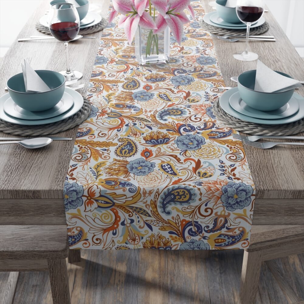Fancy Gold Blue Paisley Table Runners for Glass Table - Image 5