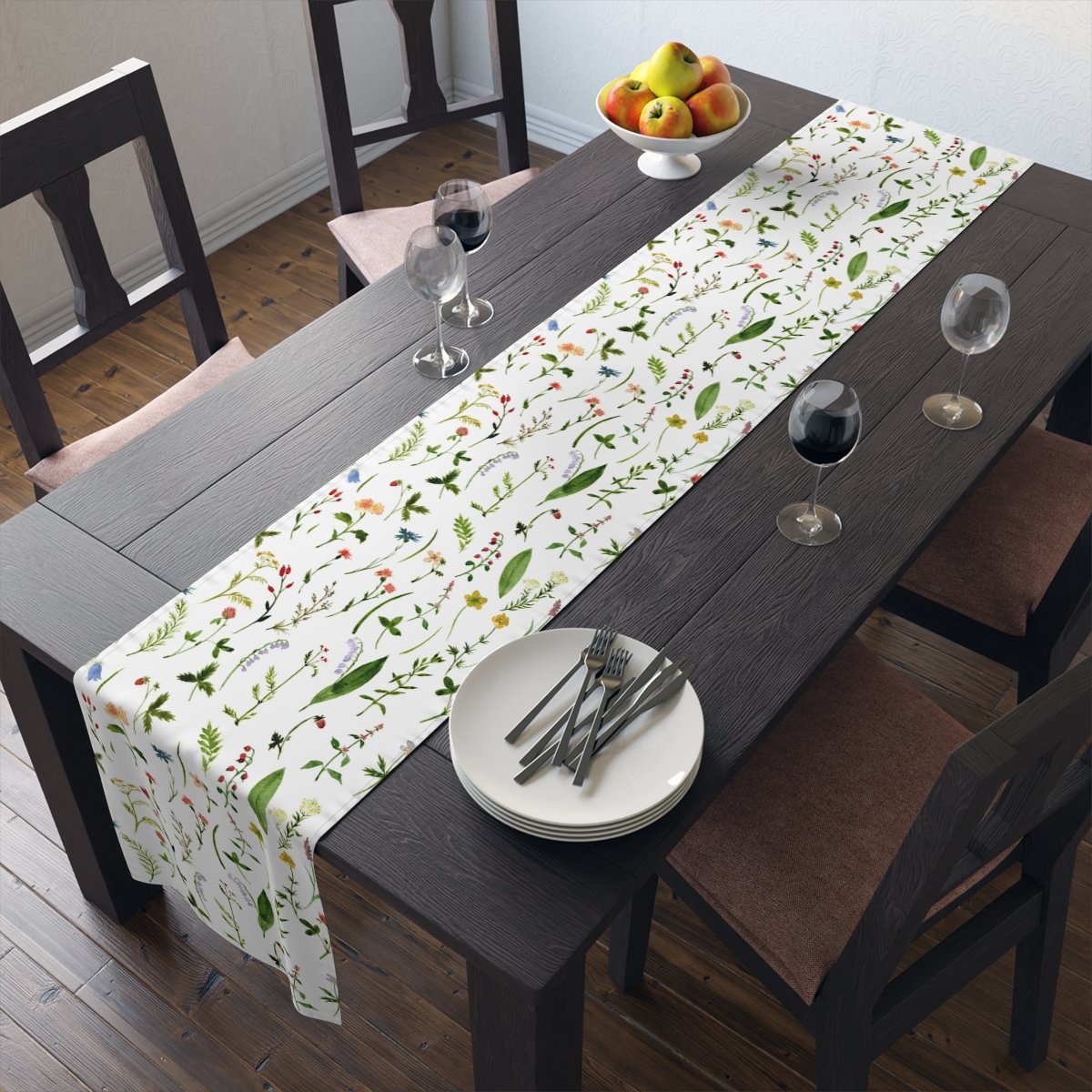 Green Herbs n Flowers Print on White Table Runners
