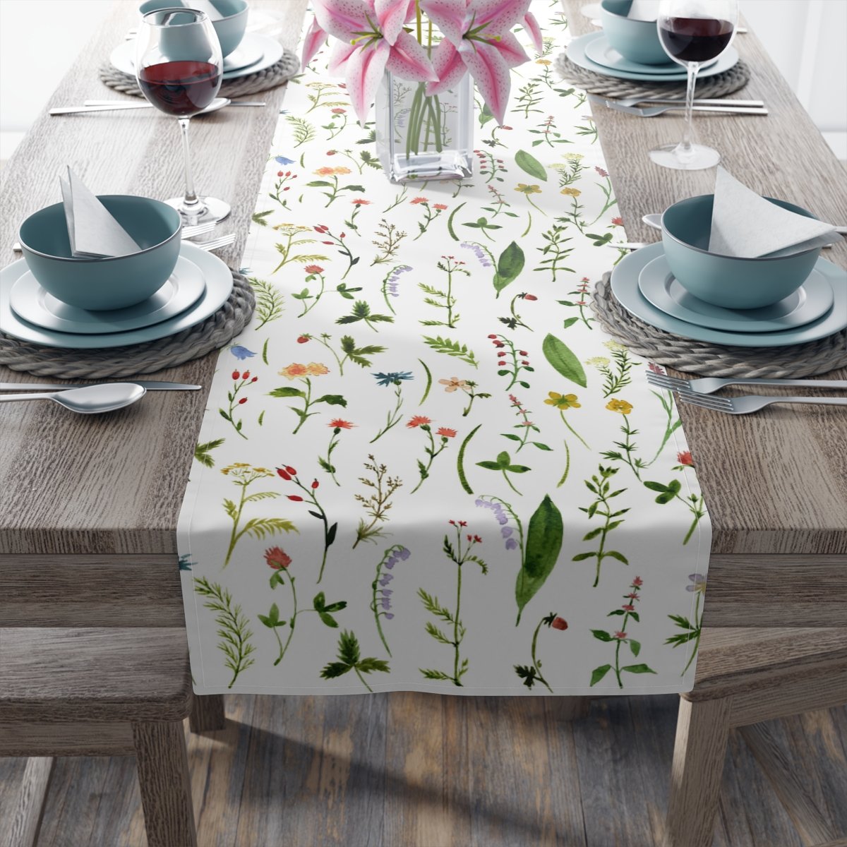 Green Herbs n Flowers Print on White Table Runners - Image 5