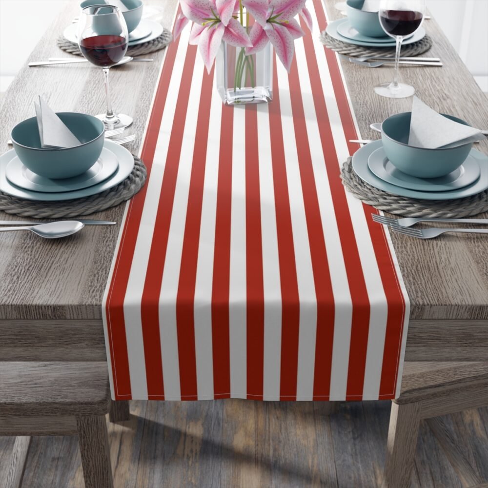 Retro Dark Red and White Striped Dining Table Runners - Image 3