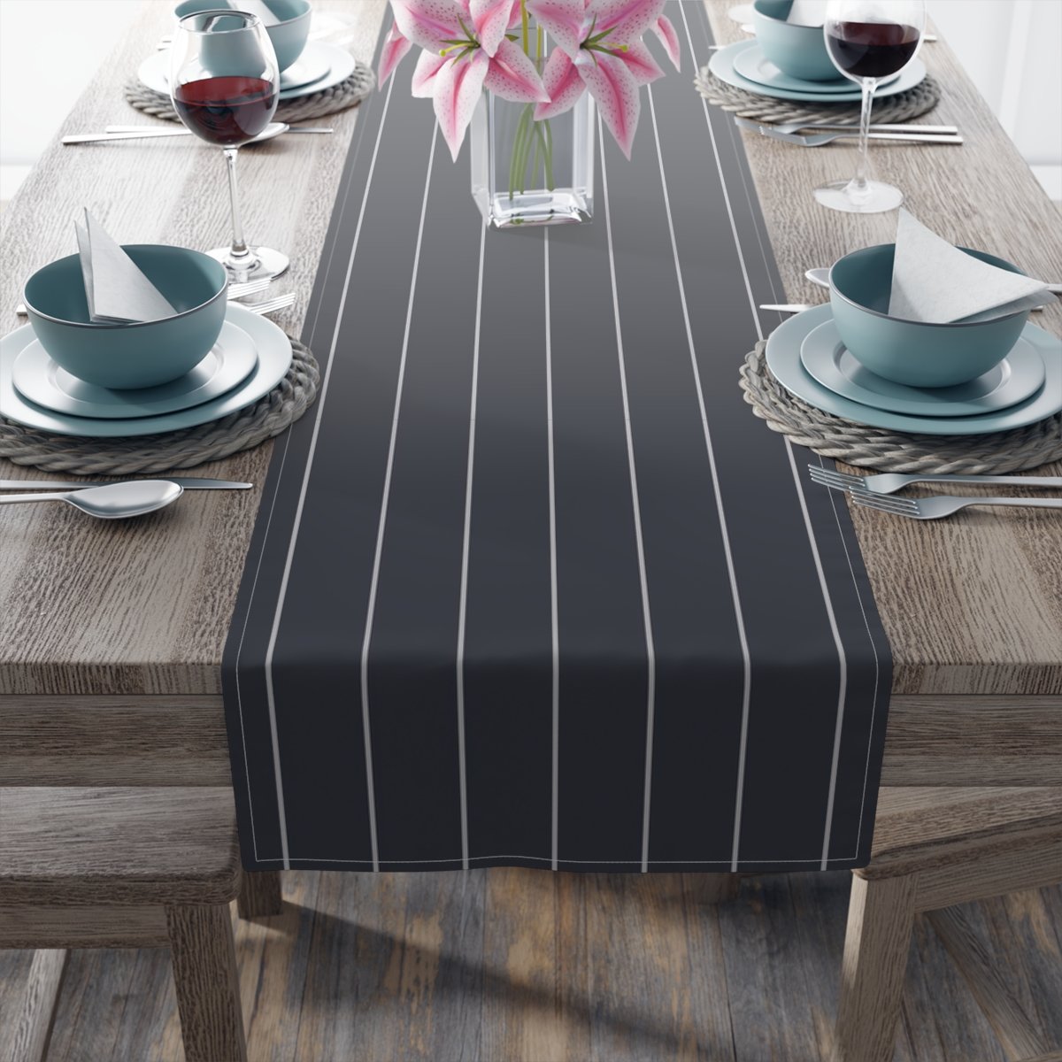 Decorative Navy Blue Pinstripe Dining Table Runners - Image 5