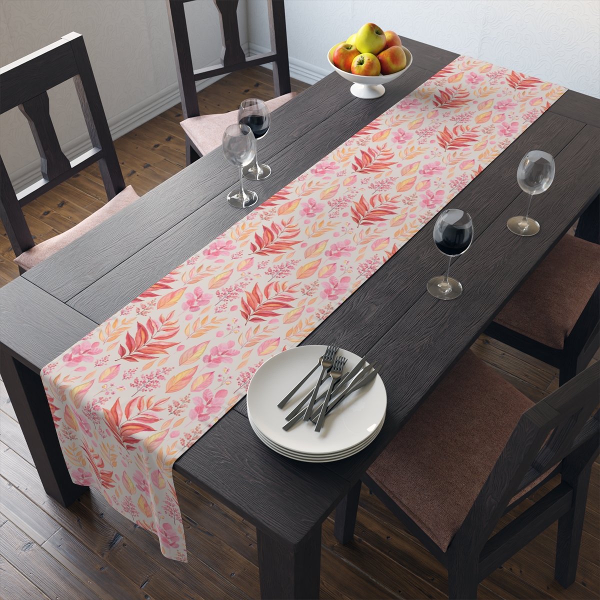 Red Pink Leaf Printed Cotton Table Runners