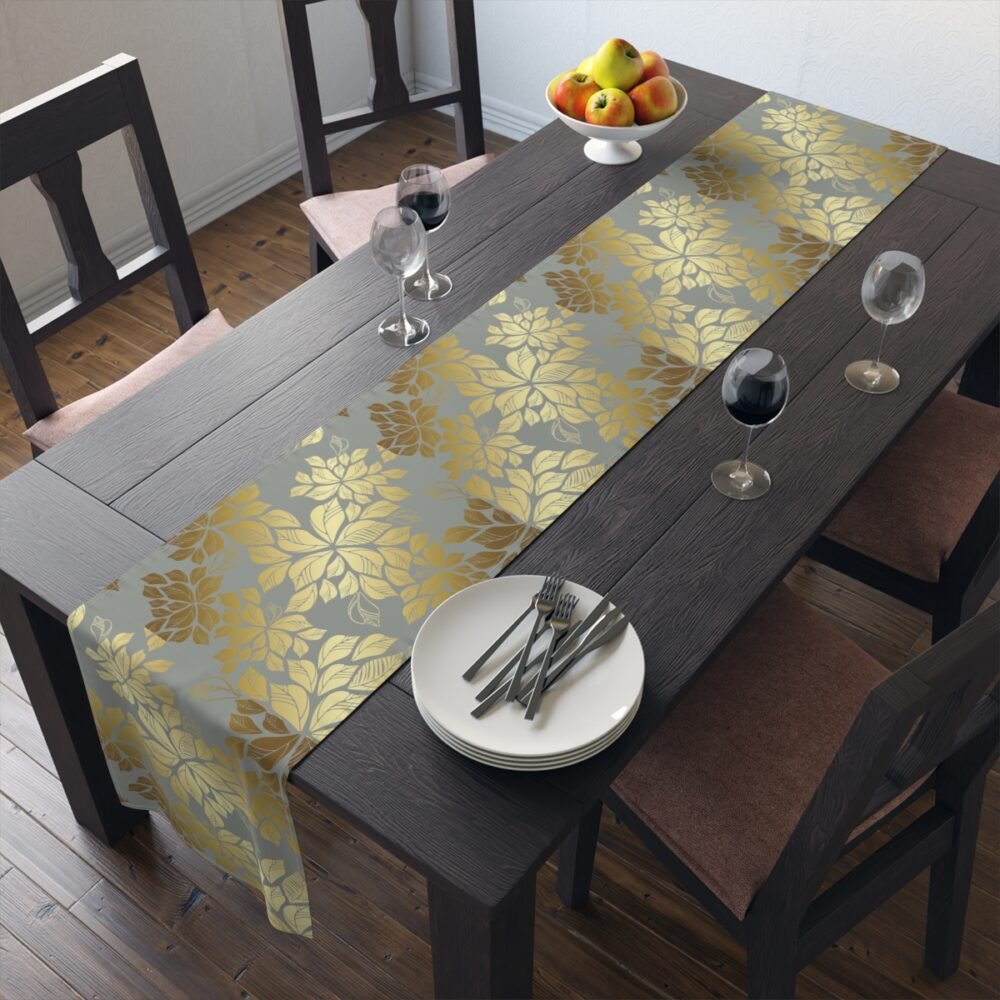 Printed Golden Leaves on Grey Fabric Table Runners