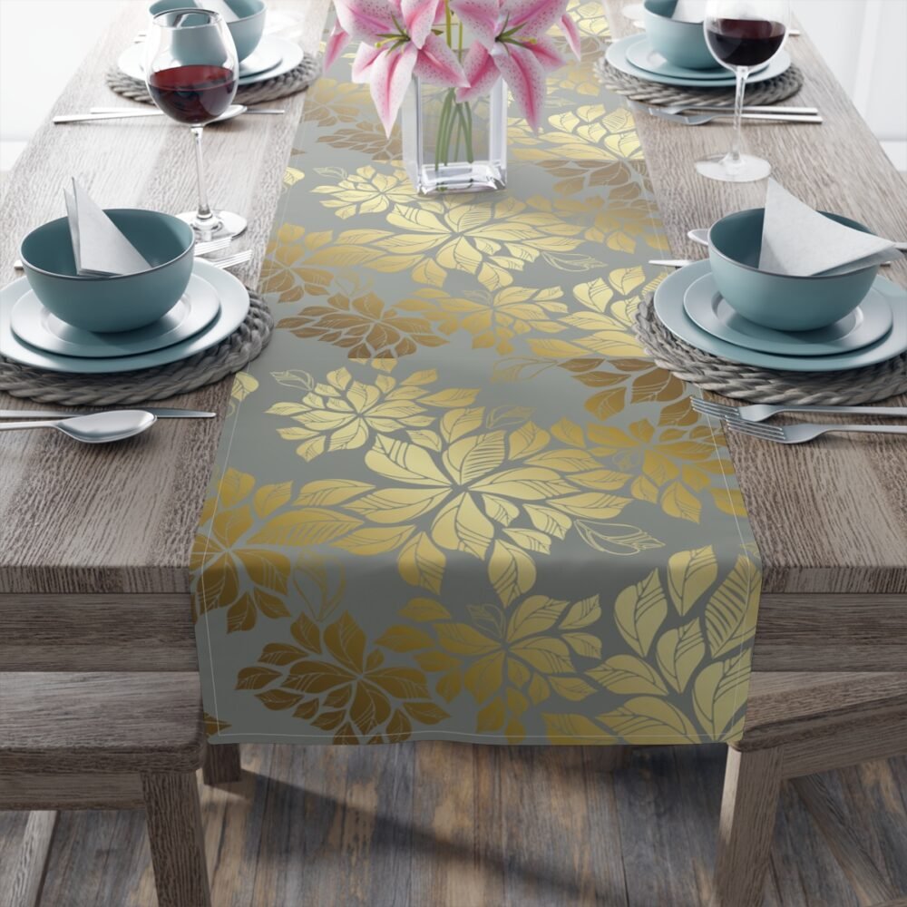 Printed Golden Leaves on Grey Fabric Table Runners - Image 4