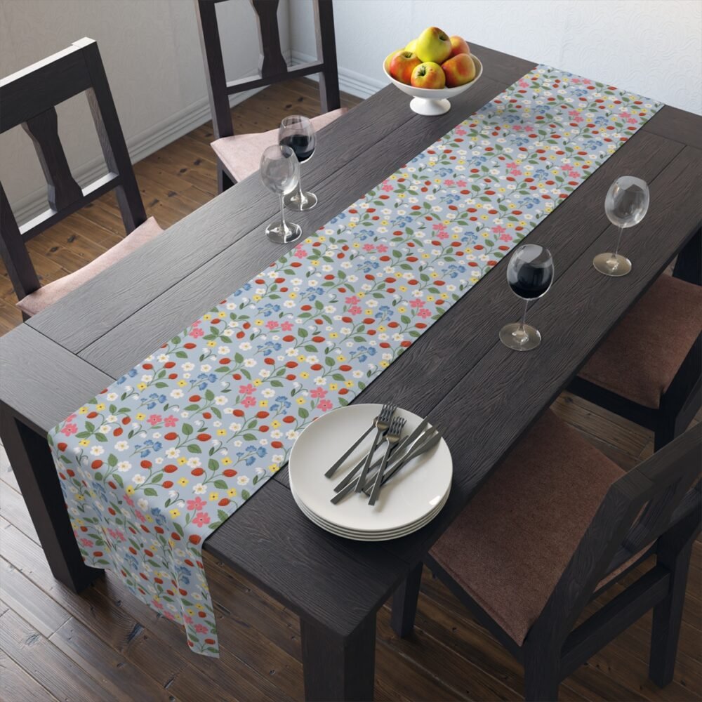 Colorful Meadow Flower Print on Light Blue Table Runners