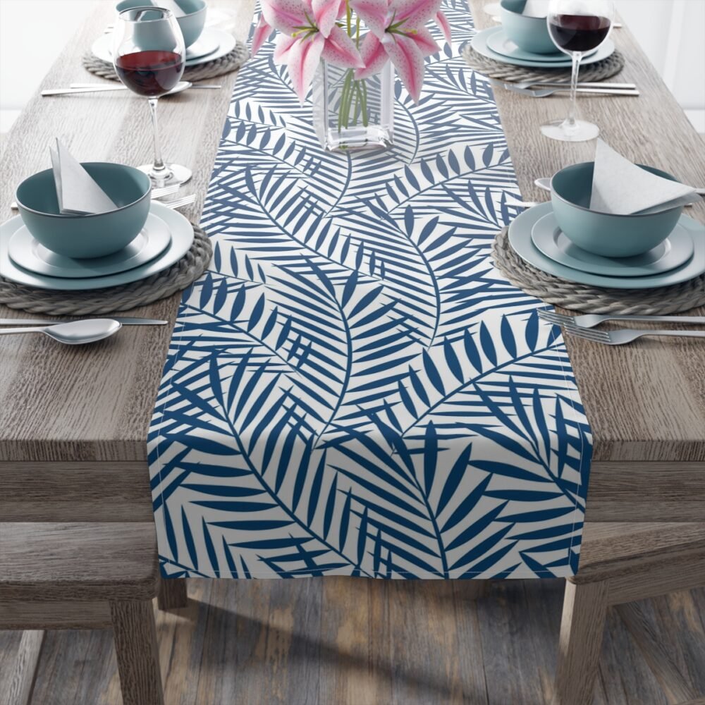 Decorative Tropical Blue Palm Leaves Table Runners - Image 4
