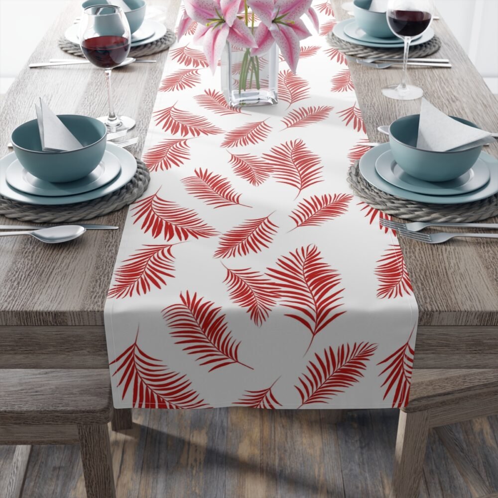 Printed Red Palm Leaves Tropical Table Runners - Image 4