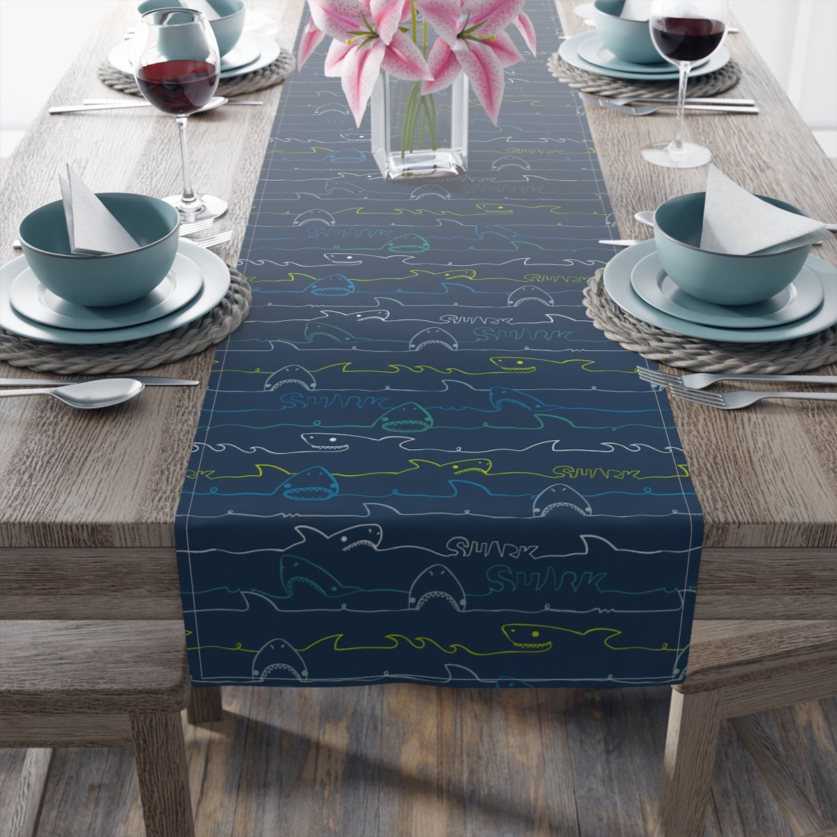Abstract Line Shark Pattern Blue Table Runners - Image 4