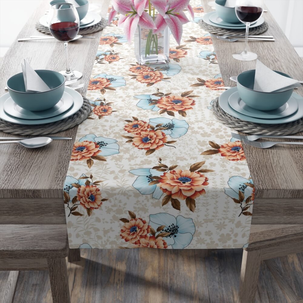 Beautiful Orange Flower Print on Cream Table Runners - Image 5