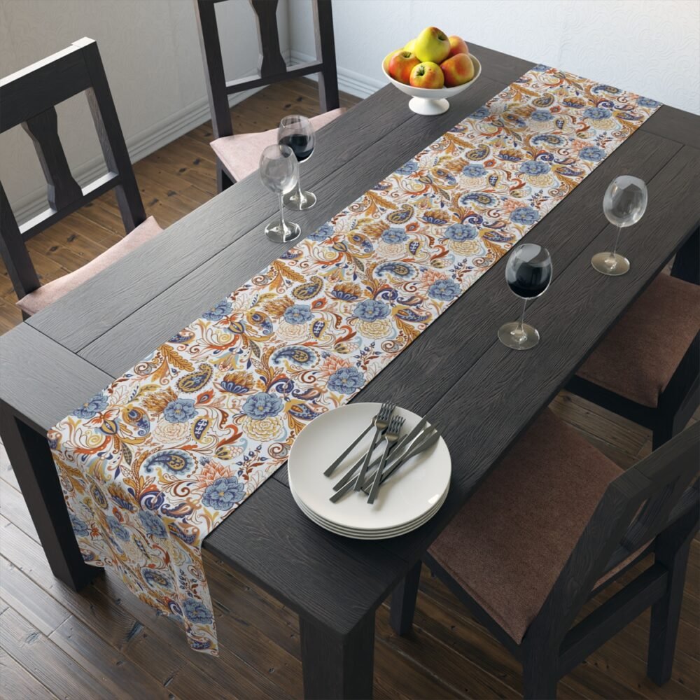 Fancy Gold Blue Paisley Table Runners for Glass Table - Image 19