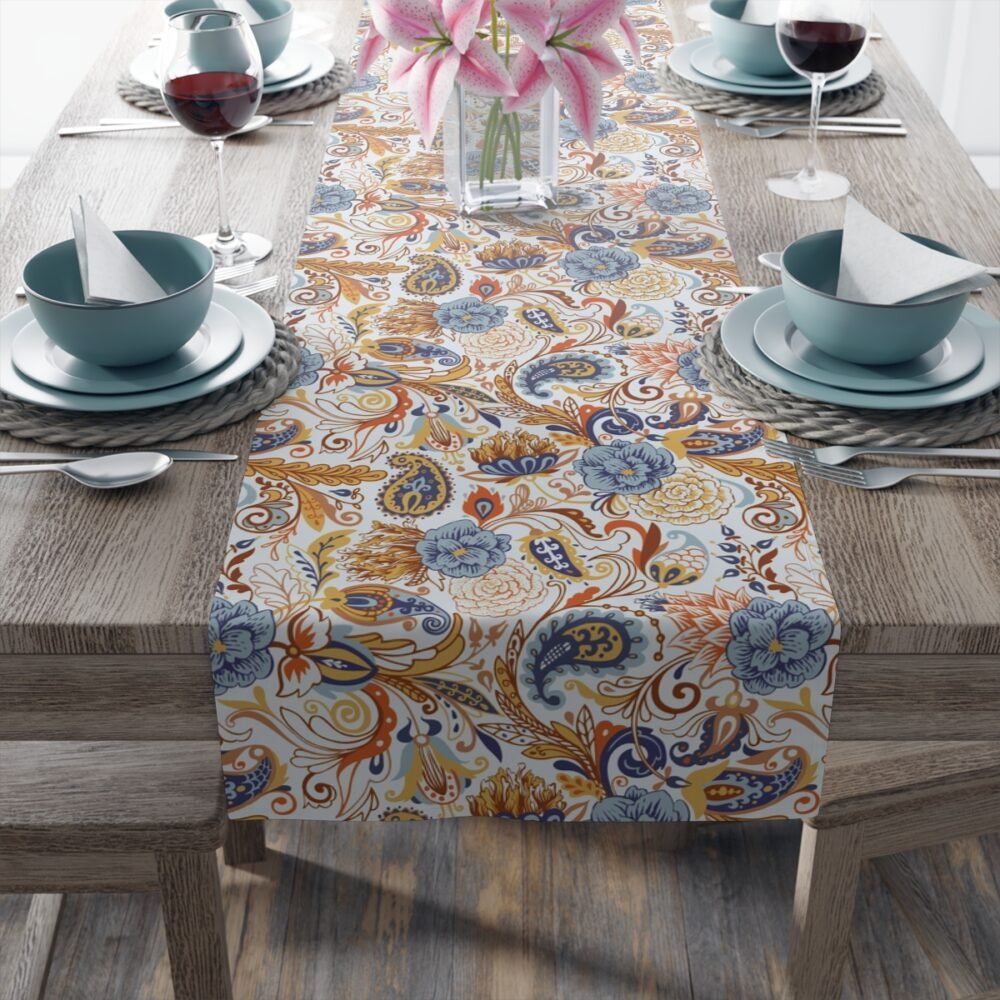 Fancy Gold Blue Paisley Table Runners for Glass Table - Image 20