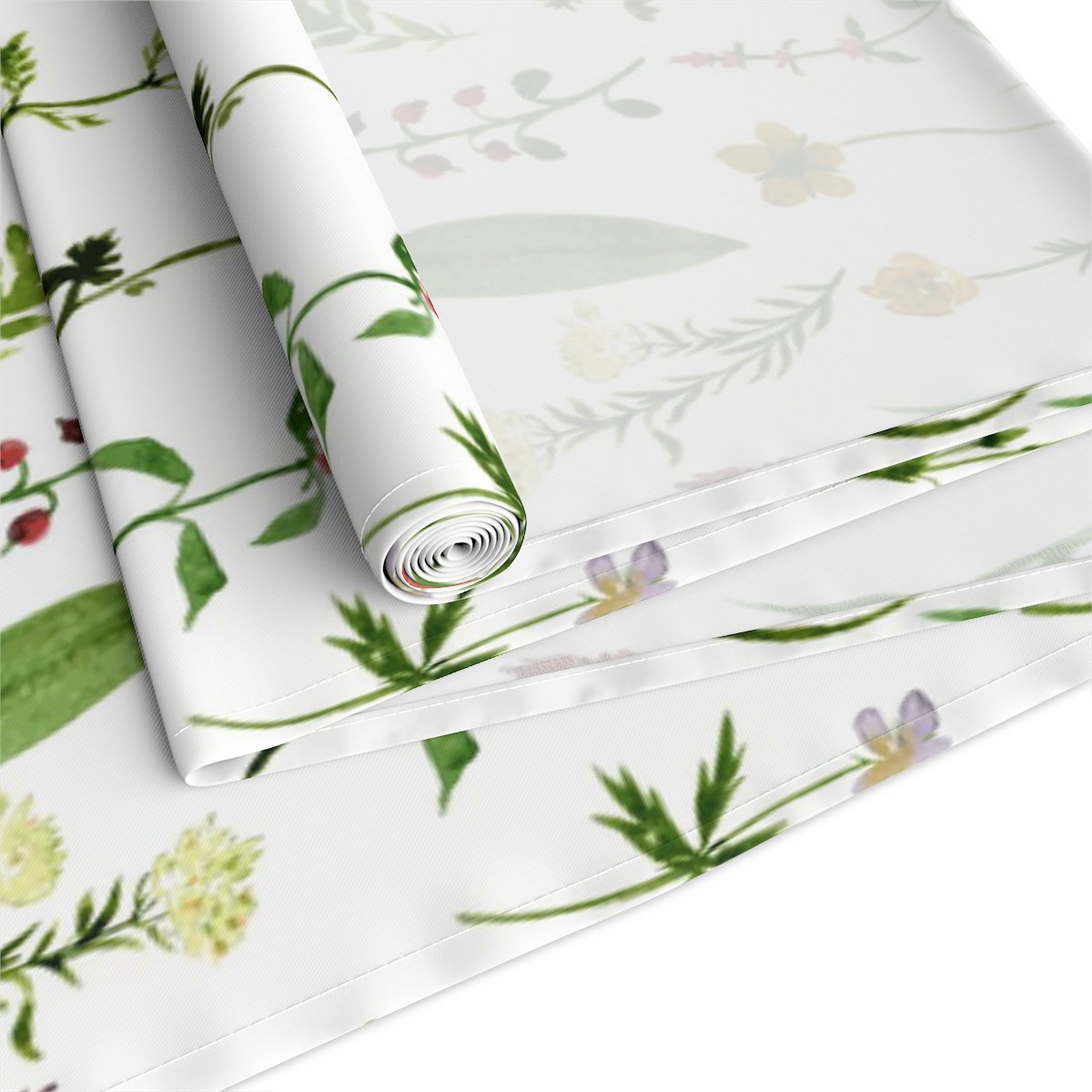 Green Herbs n Flowers Print on White Table Runners - Image 18