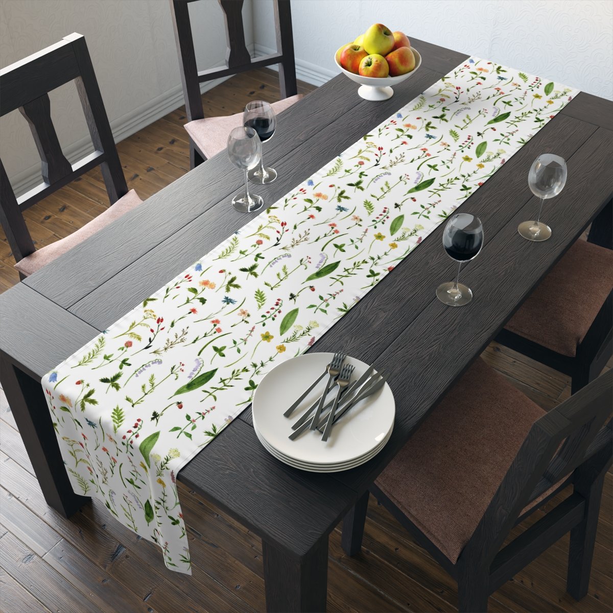 Green Herbs n Flowers Print on White Table Runners - Image 19
