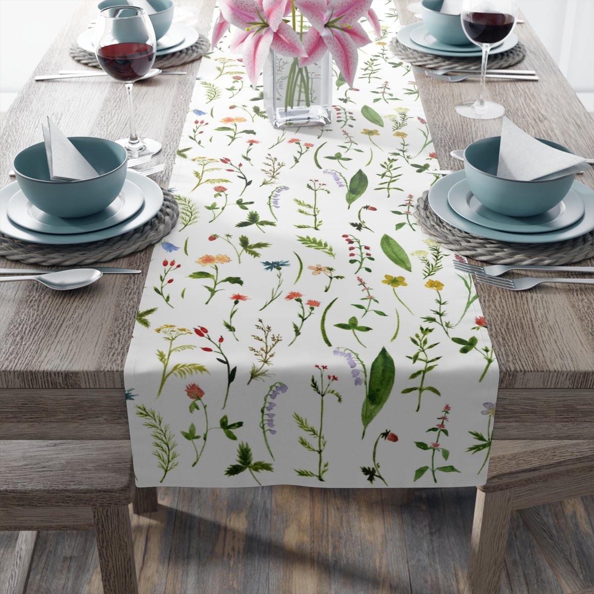 Green Herbs n Flowers Print on White Table Runners - Image 20