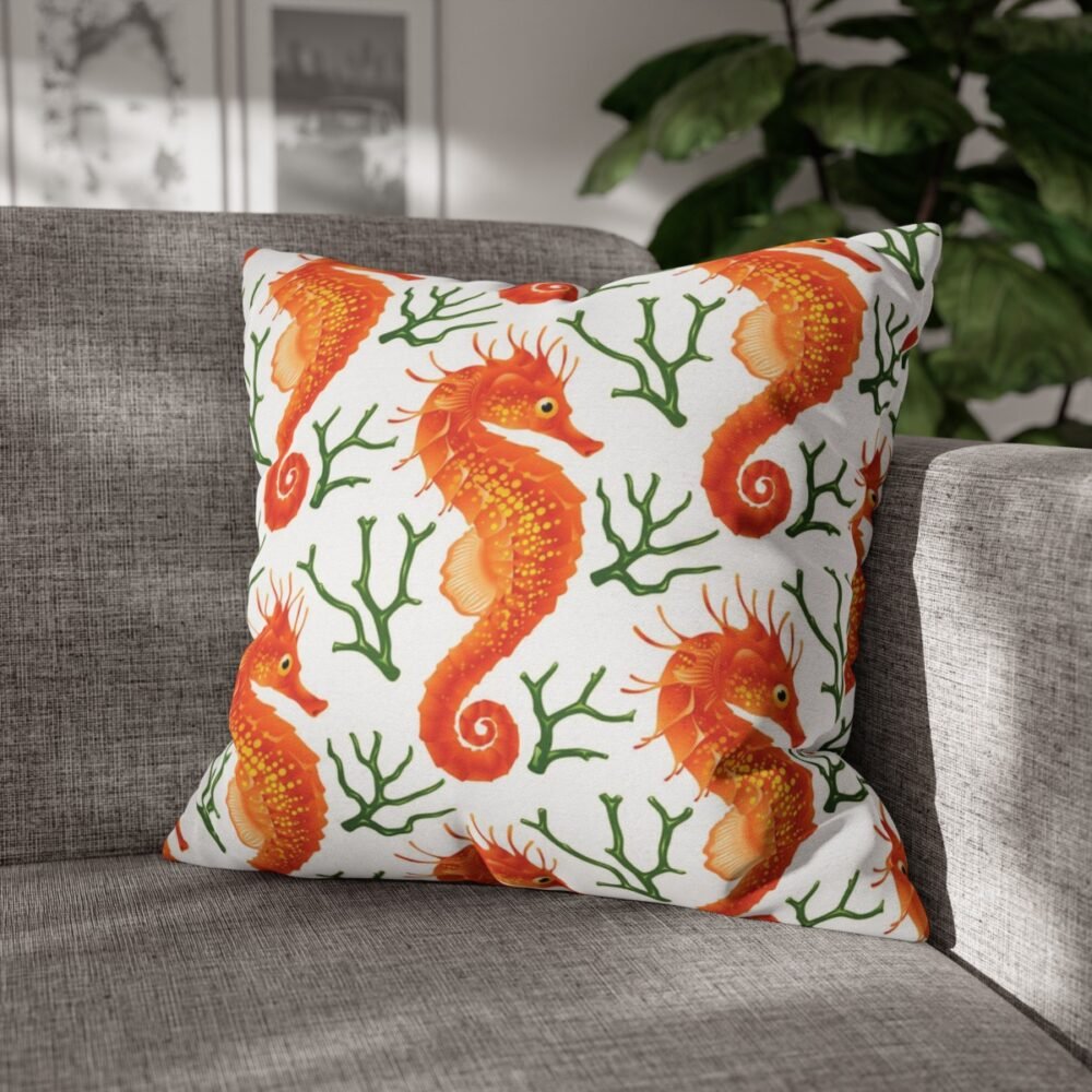 Orange Seahorse and Green Coral Throw Pillow Covers - Image 4