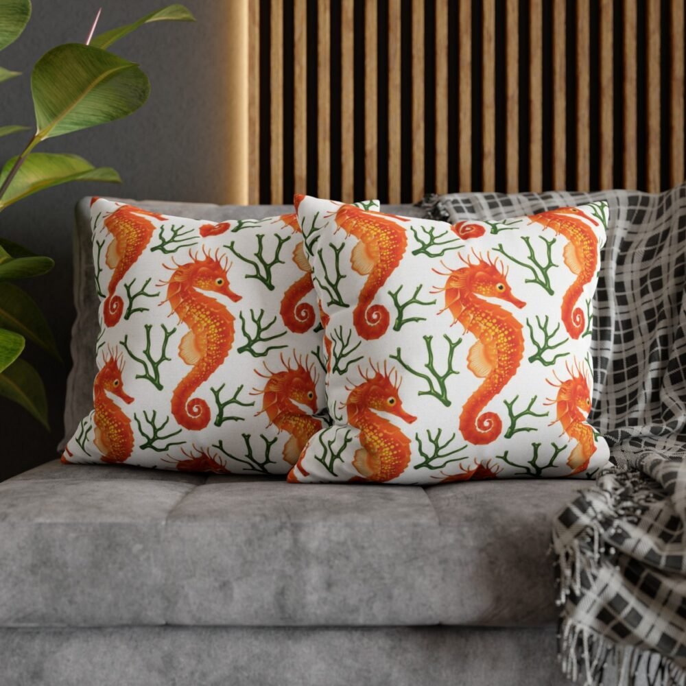 Orange Seahorse and Green Coral Throw Pillow Covers - Image 5