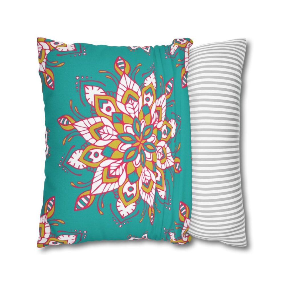 Mandala Flower Print on Teal Blue Throw Pillow Covers - Image 2