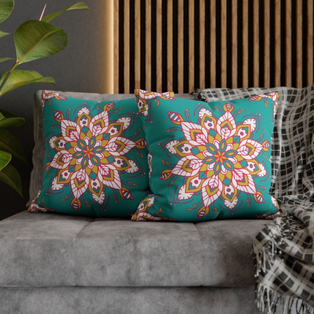 Mandala Flower Print on Teal Blue Throw Pillow Covers - Image 5