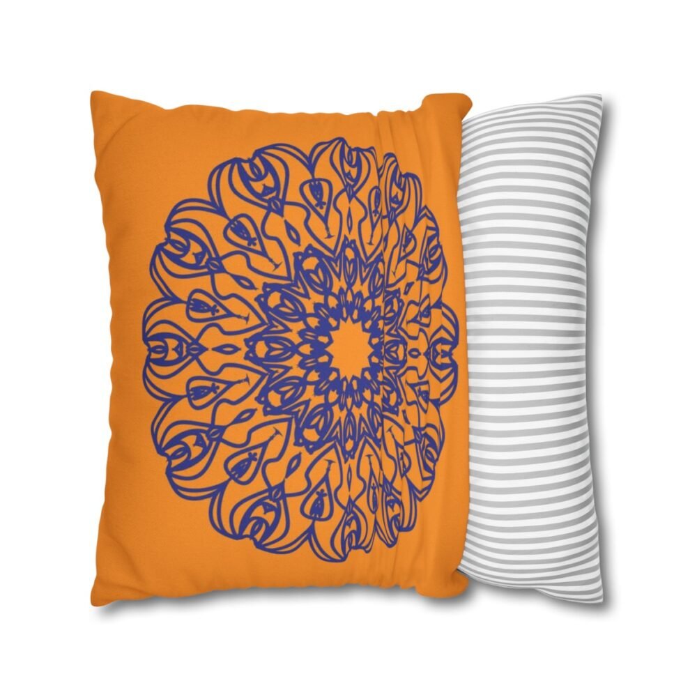 Blue Mandala Print on Orange Throw Pillow Covers - Image 2
