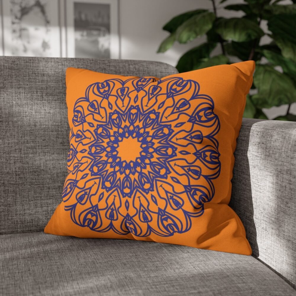 Blue Mandala Print on Orange Throw Pillow Covers - Image 4