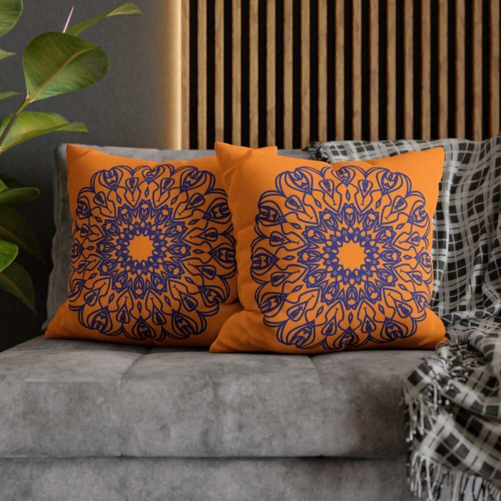Blue Mandala Print on Orange Throw Pillow Covers - Image 5