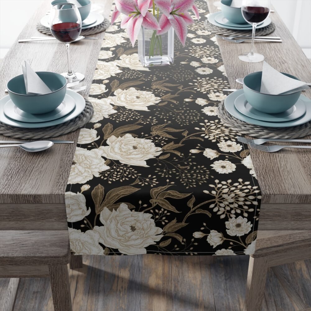 Floral Gold and White Peonies and Roses Oriental Style Table Runners - Image 10