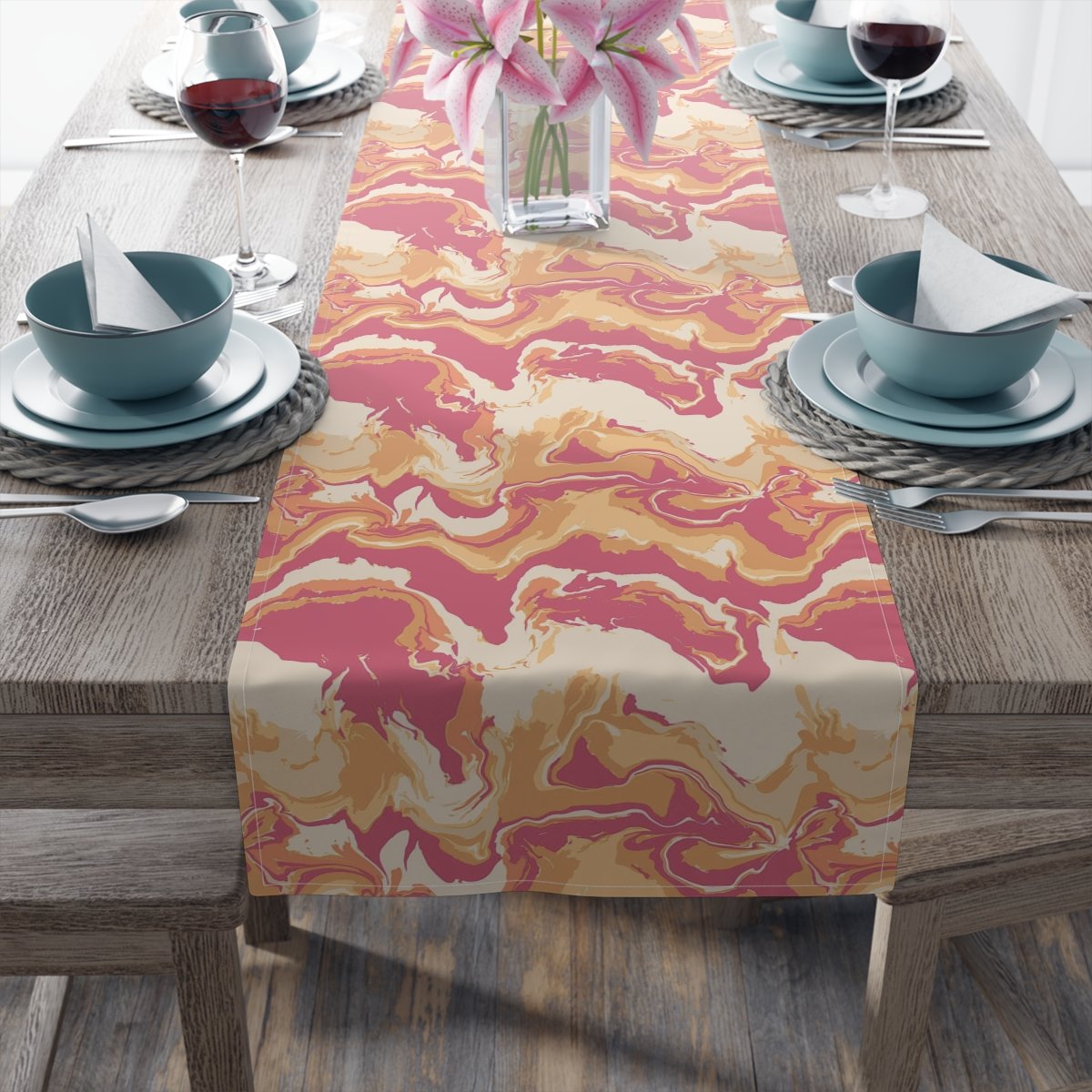 Camouflage Wavy Liquid Tie Dye Marble Pink Dining Table Runners - Image 10
